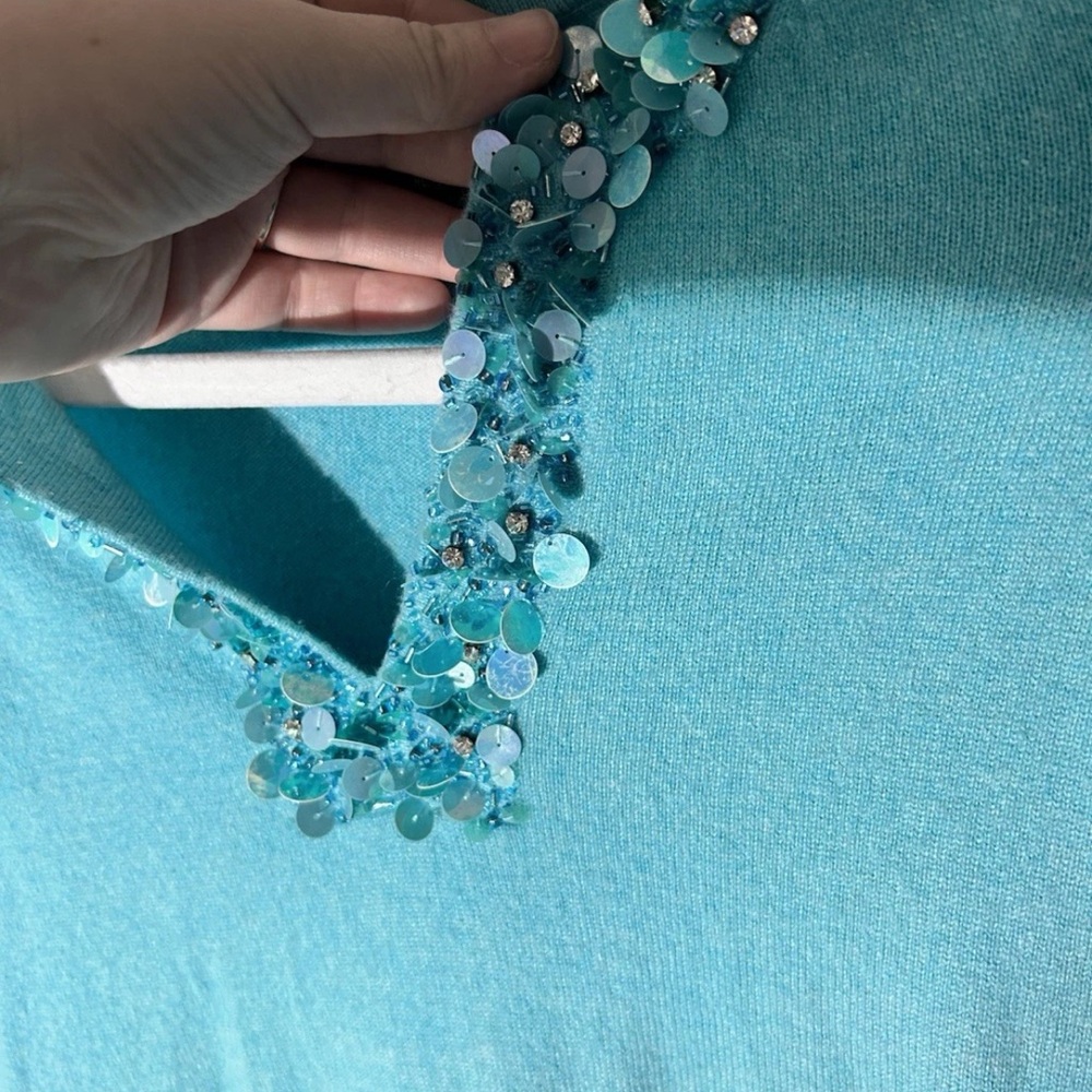 Saks Fifth Avenue Teal Embellished Cashmere Sweater Sz Small VGUC - Picture 7 of 12
